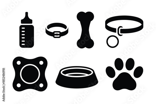 A collection of common pet care items and symbols is displayed.