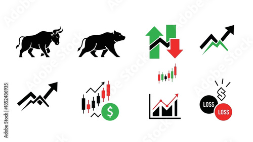 Financial market icon set featuring bull market icon, bear market icon, upward trend arrow, downward trend arrow, stock chart, profit and loss symbols