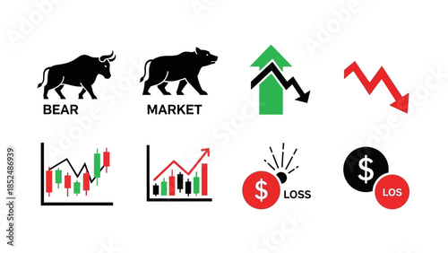 Financial market icon set featuring bull market icon, bear market icon, upward trend arrow, downward trend arrow, stock chart, profit and loss symbols