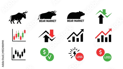 Financial market icon set featuring bull market icon, bear market icon, upward trend arrow, downward trend arrow, stock chart, profit and loss symbols