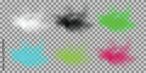 Collection of colorful abstract smoke or cloud elements soft blurry shapes for graphic design and digital art isolated on transparent background EPS vector