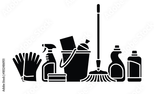 Household cleaning supplies and equipment are arranged together.