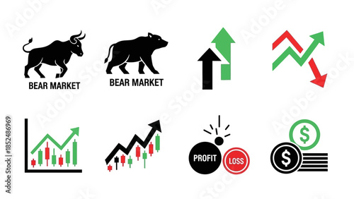 Financial market icon set featuring bull market icon, bear market icon, upward trend arrow, downward trend arrow, stock chart, profit and loss symbols