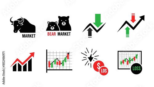 Financial market icon set featuring bull market icon, bear market icon, upward trend arrow, downward trend arrow, stock chart, profit and loss symbols