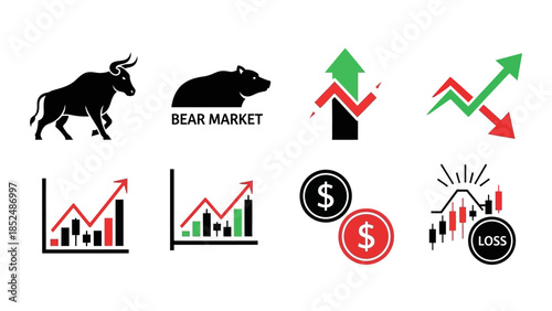 Financial market icon set featuring bull market icon, bear market icon, upward trend arrow, downward trend arrow, stock chart, profit and loss symbols