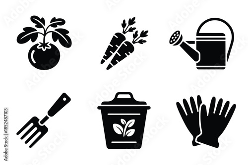 Gardening tools and supplies are depicted in a set of six black icons.