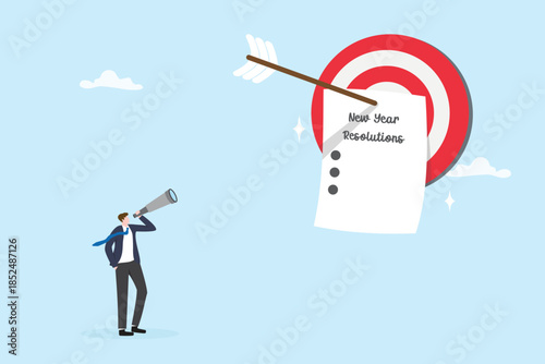 Businessman look at checklist target dartboard concepts 2026 New year resolutions, goal, future planning, to do list, task, growth mindset, find motivation, success vision illustration vector.