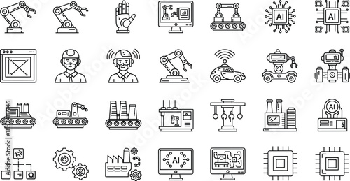 Artificial Intelligence and Industrial Automation Line Icons Set Featuring Robotics, Smart Factories, Machine Learning, Autonomous Vehicles, and Industry 4.0 Systems