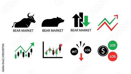 Financial market icon set featuring bull market icon, bear market icon, upward trend arrow, downward trend arrow, stock chart, profit and loss symbols