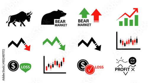 Financial market icon set featuring bull market icon, bear market icon, upward trend arrow, downward trend arrow, stock chart, profit and loss symbols