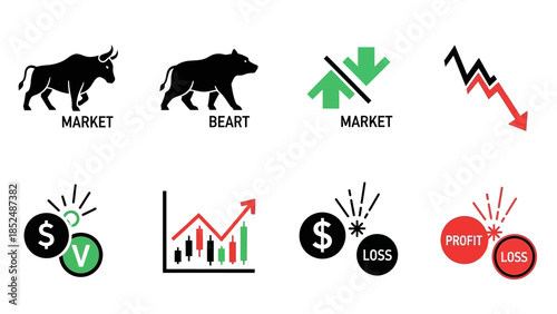 Financial market icon set featuring bull market icon, bear market icon, upward trend arrow, downward trend arrow, stock chart, profit and loss symbols