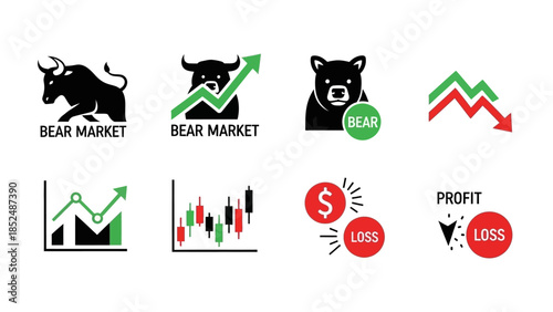 Financial market icon set featuring bull market icon, bear market icon, upward trend arrow, downward trend arrow, stock chart, profit and loss symbols