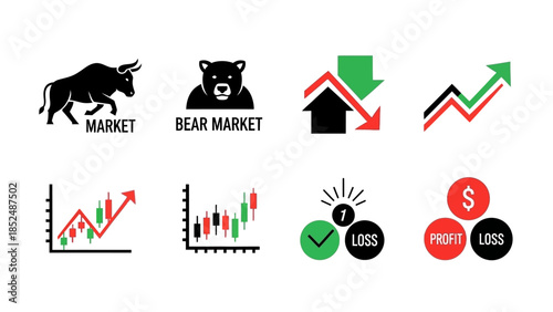 Financial market icon set featuring bull market icon, bear market icon, upward trend arrow, downward trend arrow, stock chart, profit and loss symbols