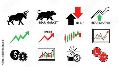 Financial market icon set featuring bull market icon, bear market icon, upward trend arrow, downward trend arrow, stock chart, profit and loss symbols