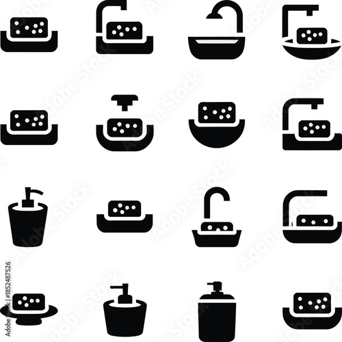 Collection of simple black glyph icons depicting various soap, dispenser, and hygiene items