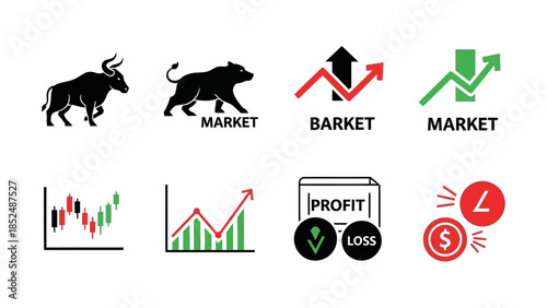 Financial market icon set featuring bull market icon, bear market icon, upward trend arrow, downward trend arrow, stock chart, profit and loss symbols