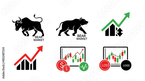 Financial market icon set featuring bull market icon, bear market icon, upward trend arrow, downward trend arrow, stock chart, profit and loss symbols