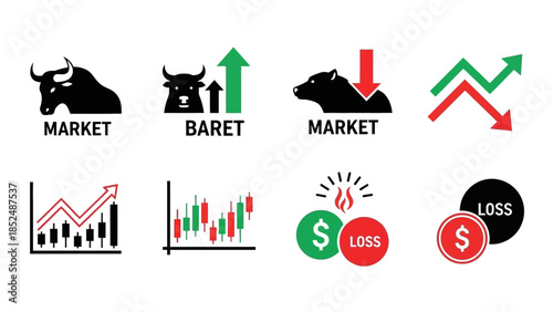 Financial market icon set featuring bull market icon, bear market icon, upward trend arrow, downward trend arrow, stock chart, profit and loss symbols