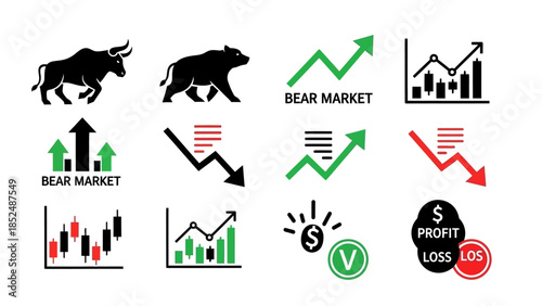 Financial market icon set featuring bull market icon, bear market icon, upward trend arrow, downward trend arrow, stock chart, profit and loss symbols