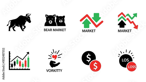 Financial market icon set featuring bull market icon, bear market icon, upward trend arrow, downward trend arrow, stock chart, profit and loss symbols