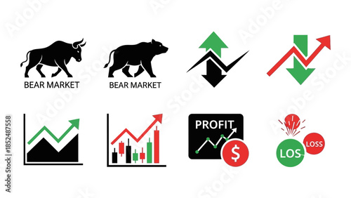 Financial market icon set featuring bull market icon, bear market icon, upward trend arrow, downward trend arrow, stock chart, profit and loss symbols