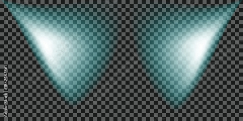 Two bright teal spotlights illuminating a dark background creating a dramatic effect for stage or studio lighting EPS vector