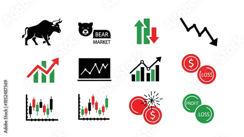 Financial market icon set featuring bull market icon, bear market icon, upward trend arrow, downward trend arrow, stock chart, profit and loss symbols