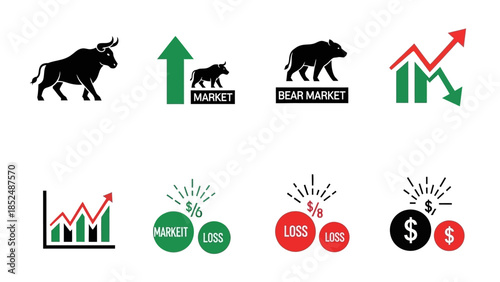 Financial market icon set featuring bull market icon, bear market icon, upward trend arrow, downward trend arrow, stock chart, profit and loss symbols