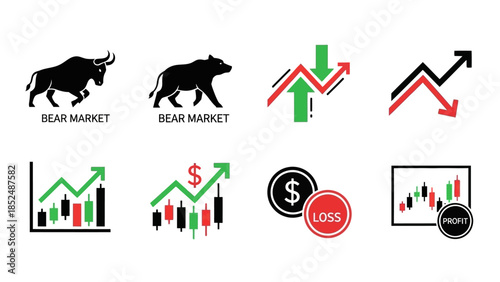 Financial market icon set featuring bull market icon, bear market icon, upward trend arrow, downward trend arrow, stock chart, profit and loss symbols