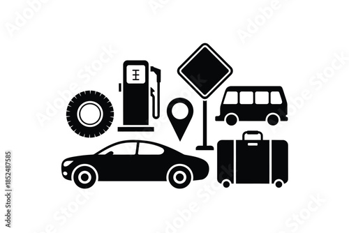 A collection of travel and transport related icons including a car and bus.