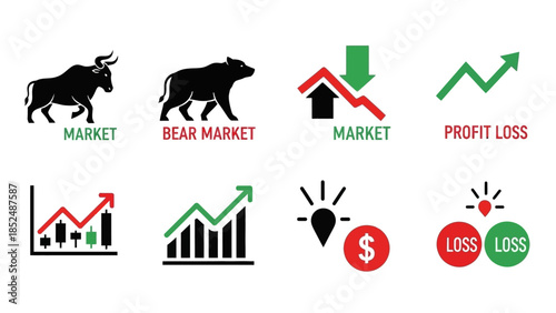Financial market icon set featuring bull market icon, bear market icon, upward trend arrow, downward trend arrow, stock chart, profit and loss symbols