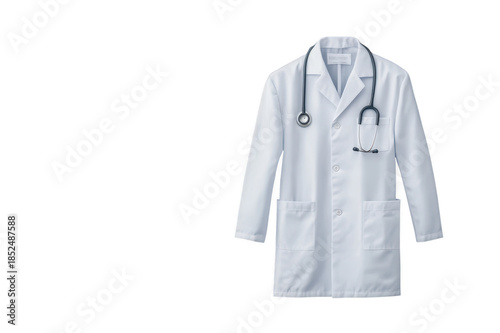 White medical lab coat with a stethoscope draped over it, representing healthcare and professionalism, on a transparent background