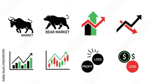 Financial market icon set featuring bull market icon, bear market icon, upward trend arrow, downward trend arrow, stock chart, profit and loss symbols