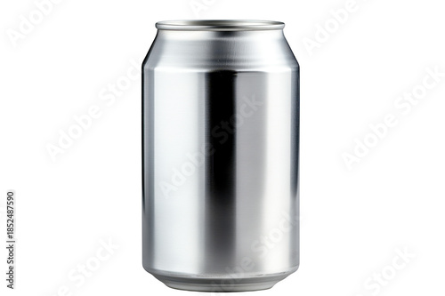 This aluminum beverage can with a silver finish is ideal for branding or displaying beverages on a transparent background