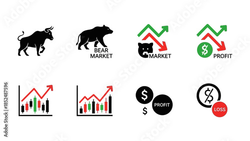 Financial market icon set featuring bull market icon, bear market icon, upward trend arrow, downward trend arrow, stock chart, profit and loss symbols