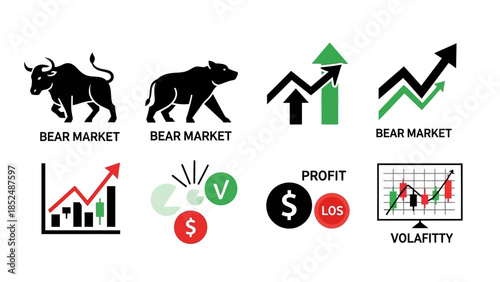 Financial market icon set featuring bull market icon, bear market icon, upward trend arrow, downward trend arrow, stock chart, profit and loss symbols