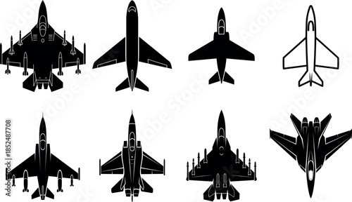 Collection of diverse military fighter jet and combat aircraft silhouettes in top-down view