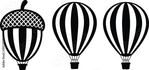 Whimsical hot air balloons including a unique acorn-shaped design in black and white