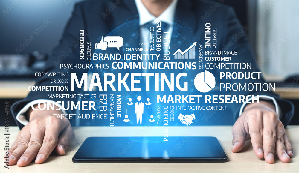 Fototapeta premium A business professional focuses on effective marketing strategies using a tablet, surrounded by digital concepts that illustrate the importance of market analysis and consumer engagement. Tessel