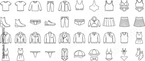 Clothing and Fashion Line Icons Set Featuring Men and Women Apparel, Shoes, Underwear, Dresses, Jackets, Casual Wear, and Accessories