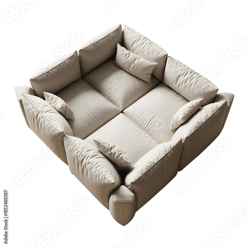 Beige Fabric Sofa with Cushions isolated on a transparent background