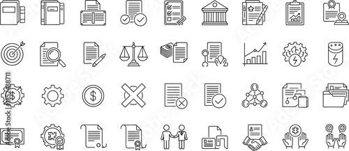 Legal and Business Documentation Line Icons Set Featuring Contracts, Compliance, Finance, Banking, Approval, Analysis, Law, and Corporate Workflow Symbols