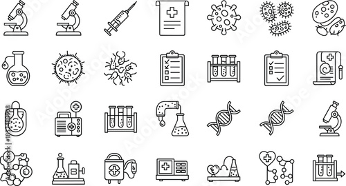 Medical Research and Laboratory Line Icons Set Featuring Microscopes, Viruses, DNA, Vaccines, Test Tubes, Biotechnology, and Healthcare Science Symbols