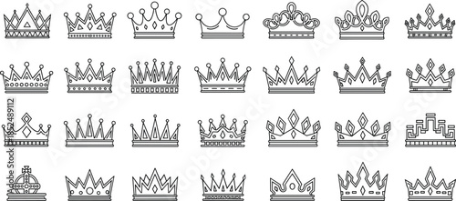 Minimal crown and royal symbol line icons set for luxury branding, monarchy themes, awards, heraldry, prestige design, and decorative graphics