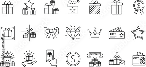 Minimal gift, reward, and bonus line icons set for promotions, loyalty programs, special offers, celebrations, and marketing design