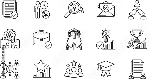 Minimal human resources and team management line icons set for recruitment, performance evaluation, communication, training, and organizational success