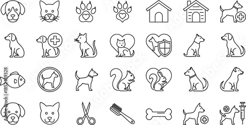 Pet Care and Veterinary Line Icons Set Featuring Dogs, Cats, Adoption, Grooming, Health, Shelter, Training, and Animal Care Symbols