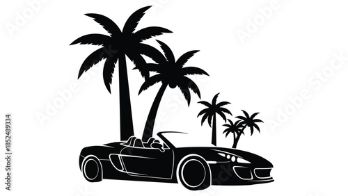 Sleek convertible sports car parked under lush palm trees on a sunny day