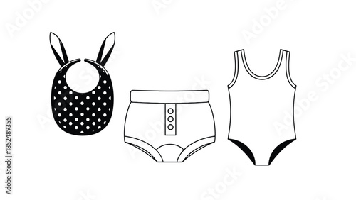 Cute baby clothes including a bib, shorts, and bodysuit, presented in a simple line art style