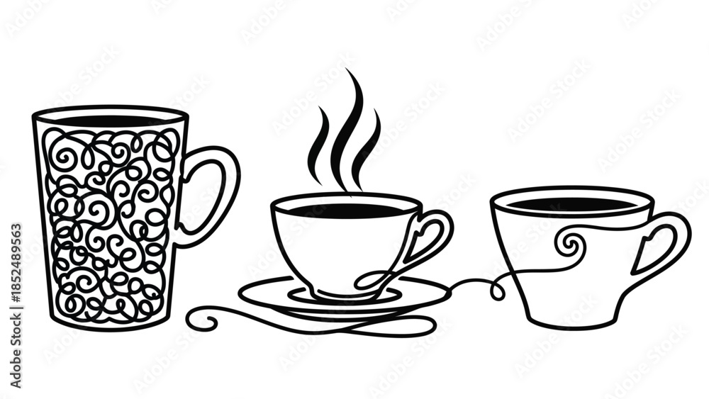 Obraz premium Three stylized cups of hot coffee connected by a continuous line, suggesting a shared experience.